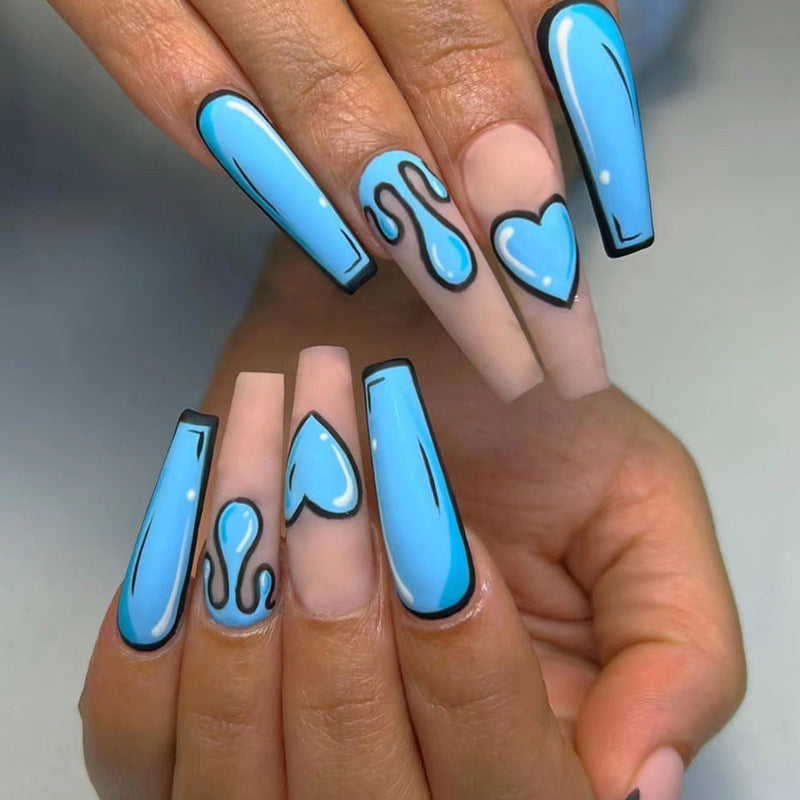 long-ballet-comic-fake-nail-blue-graffiti-love-french-valentines-day-wear-nail-piece-nail-piece