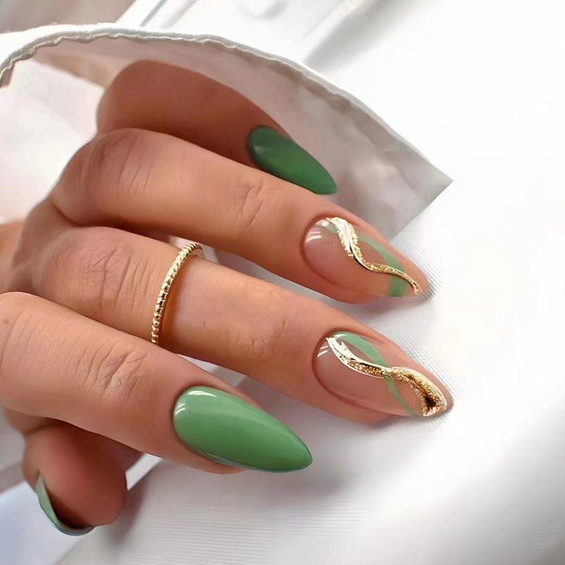 green-round-head-gold-corrugated-ribbon-european-and-american-fashion-fake-nails-natural-fresh-and-green-wearing-armor