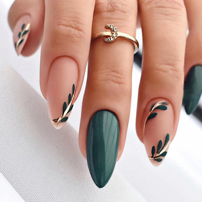 small-fresh-and-bright-matte-double-spell-manicure-cool-and-simple-green-leaf-wearing-nail-dark-green-temperament-sweet-and-cool-ins-style