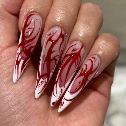 repeatable-wearable-halloween-nail-art-french-long-pointed-wearing-nail-red-flame-smudge-fake-nails-blazehot