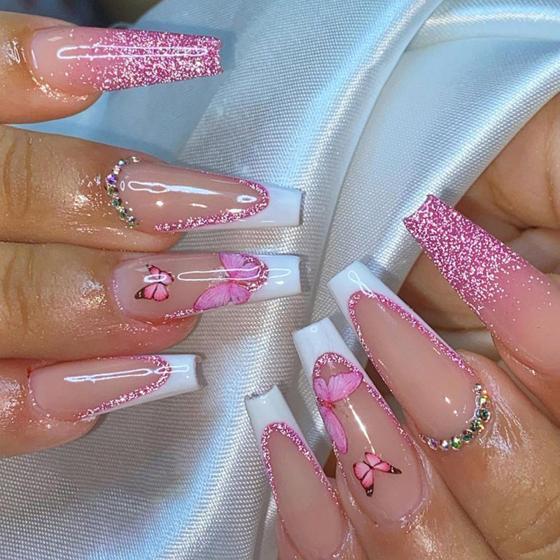 long-ballet-pink-glitter-french-diamond-wear-nail-cute-pink-butterfly-false-nail-temperament-sweet-nail-piece