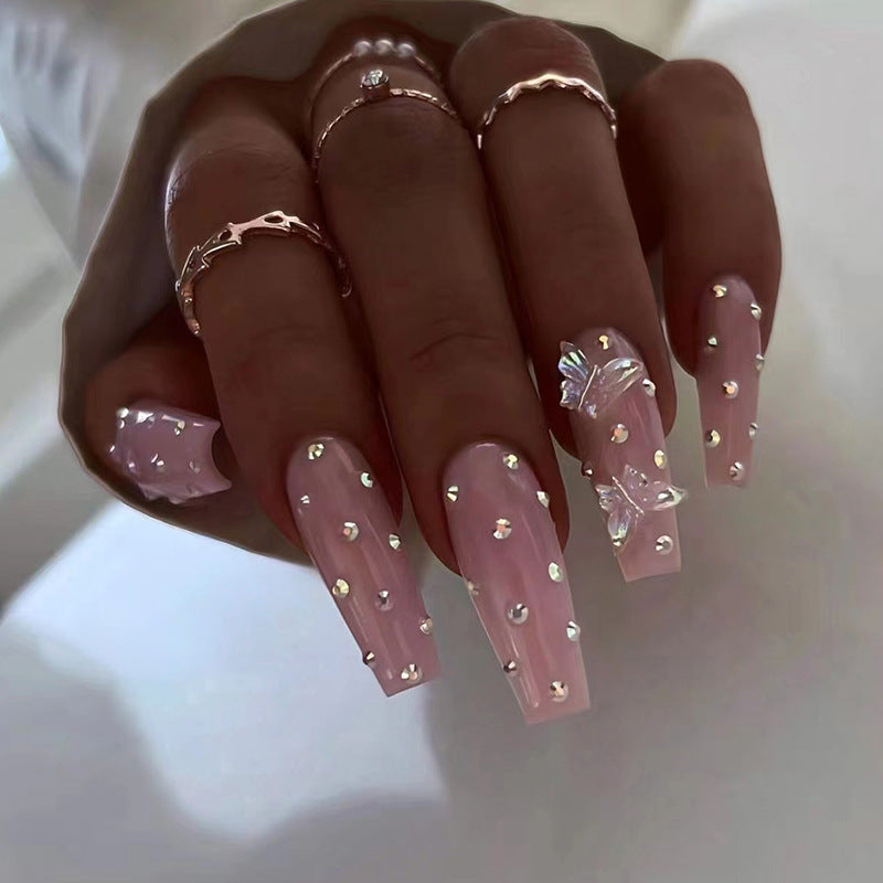 long-ballet-pink-tender-diamond-crystal-butterfly-nail-art-diamond-wear-nail-piece-fairy-girl-fake-nail-nails