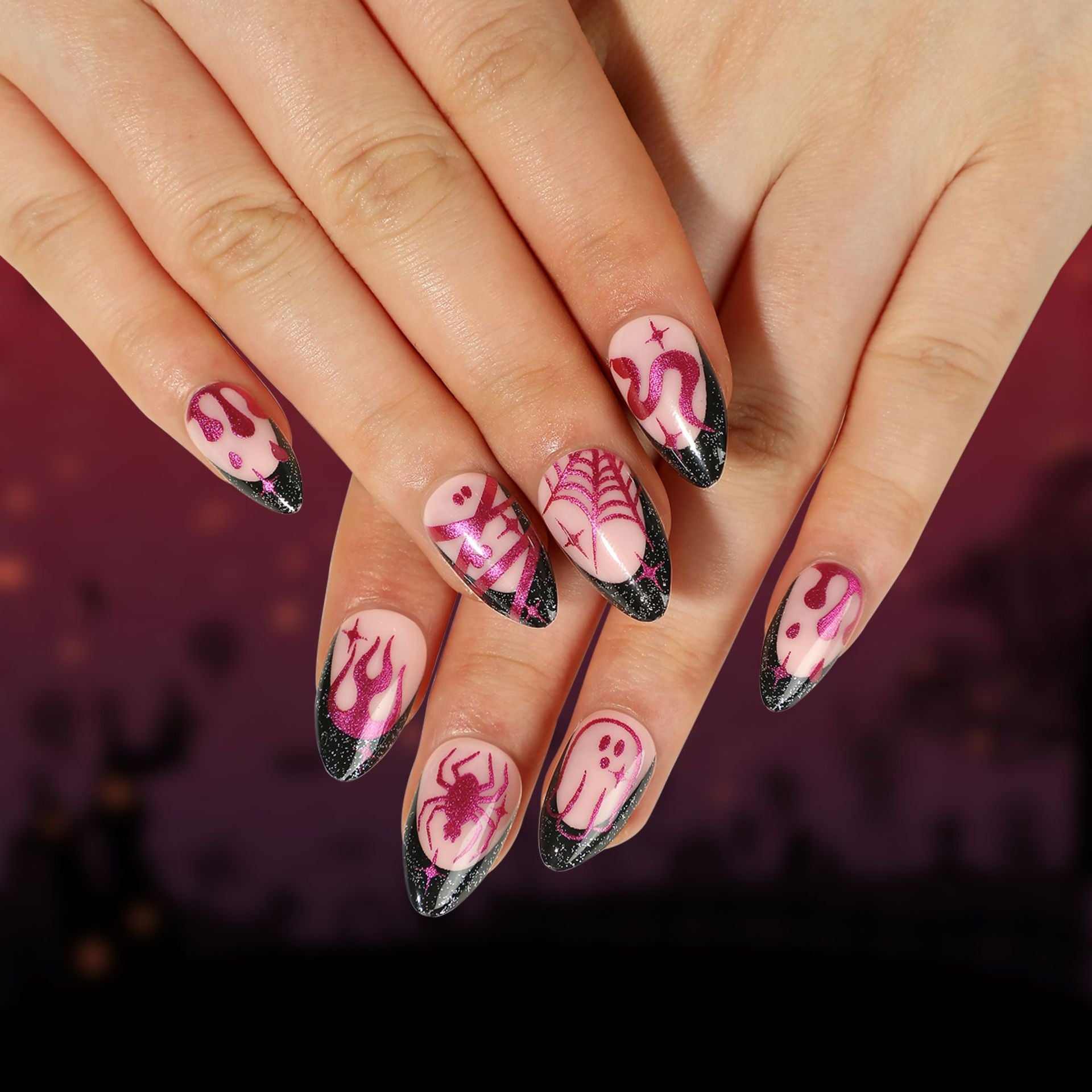 wearing-a-manicure-halloween-black-french-nail-patch-glitter-purple-flame-spider-24-years-old-spider-web-star-snake