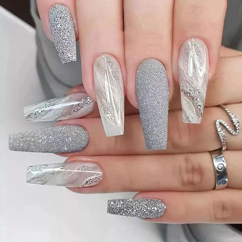 long-ballet-nail-gray-white-marble-nail-piece-flash-manicure-ins-fake-nail