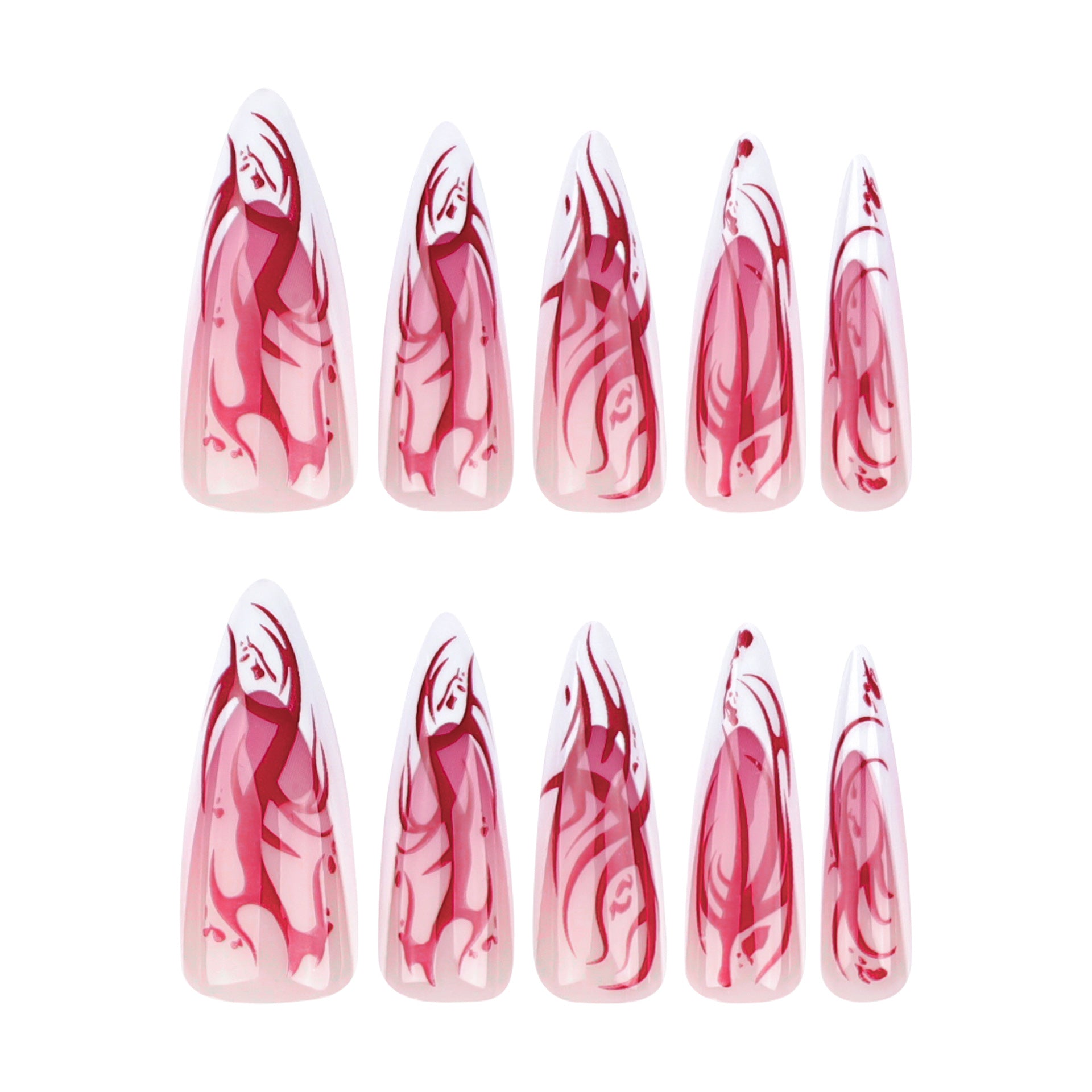 repeatable-wearable-halloween-nail-art-french-long-pointed-wearing-nail-red-flame-smudge-fake-nails-blazehot