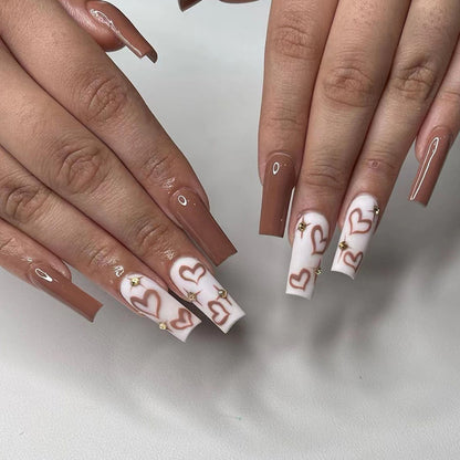 long-ballet-milk-coffee-chocolate-yellow-diamond-nail-art-love-stars-fake-nails-ins-wind-wear-nail-pads