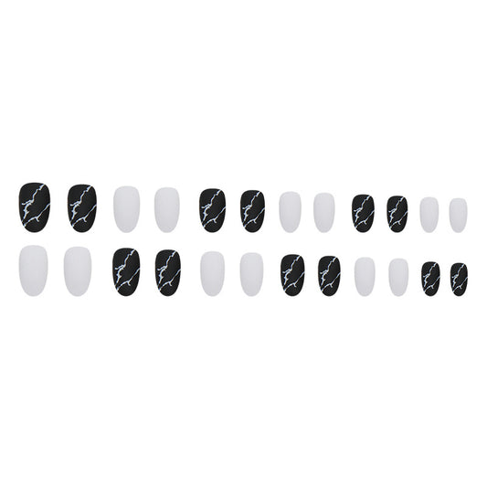 simple-matte-marble-pattern-manicure-black-and-white-color-jumping-solid-color-fake-nails-oval-round-head-wearing-armor