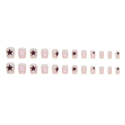 short-pink-reddish-brown-simple-light-luxury-style-jumping-color-star-fake-nail-finished-product-wearing-nail-nails