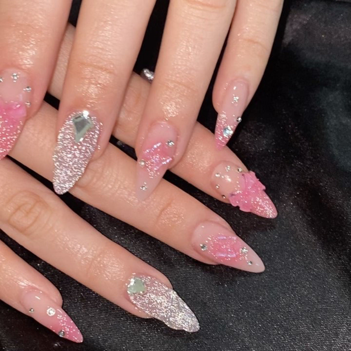 3D Glitter Pink - Floral Almond Press-On Nails