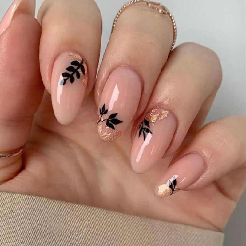 almond-nail-simple-gold-foil-nail-art-piece-mysterious-dark-leaf-shadow-wear-nail-fake-nails-nail-art-piece-nails