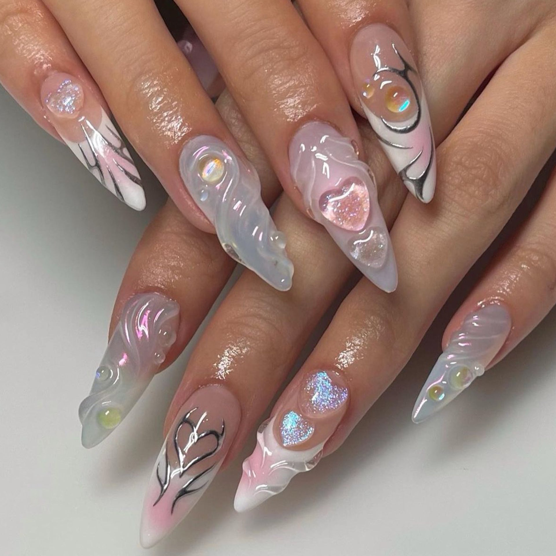 3D Peach Love - Mermaid Bubble Almond Press-On Nails