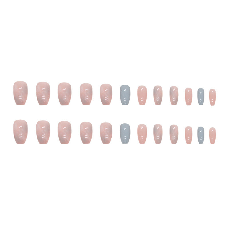 short-ballet-pink-and-blue-contrasting-marble-pattern-smudge-nail-art-glacier-jelly-summer-fresh-wear-nail-fake-nails