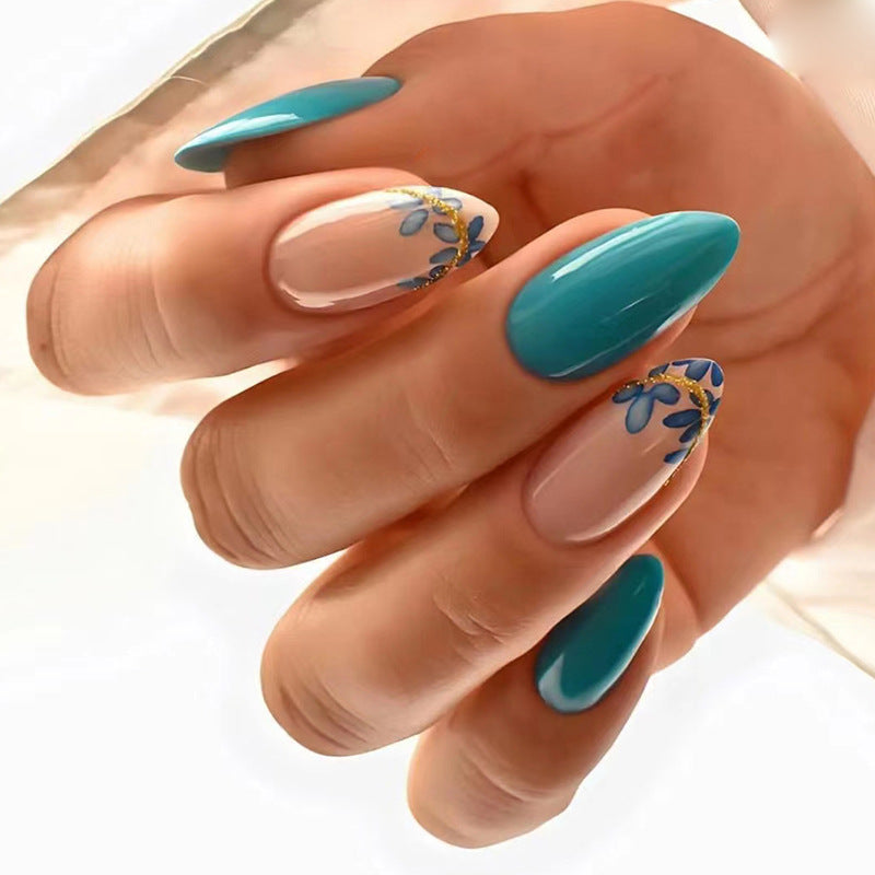 fresh-lake-green-leaves-gold-powder-nail-art-round-head-nail-wear-spring-and-summer-new-product-wear-nail