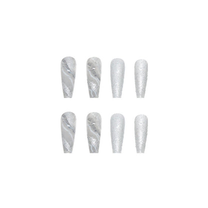 long-ballet-nail-gray-white-marble-nail-piece-flash-manicure-ins-fake-nail