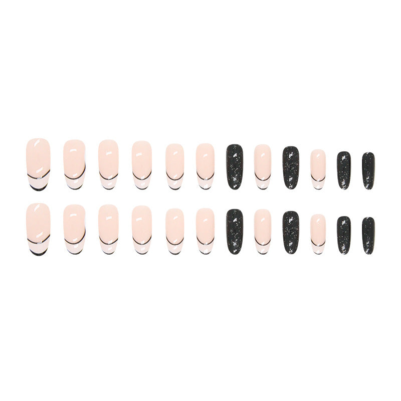 medium-long-oval-round-head-nail-art-black-glitter-lines-french-fake-nails-blazehotins-wind-wear-nail-pads