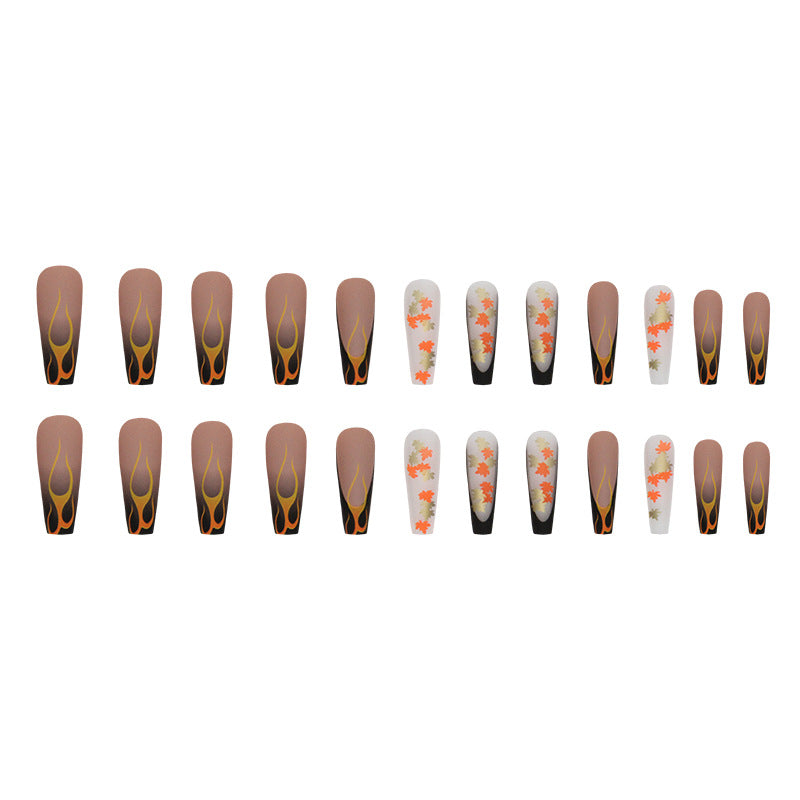 long-ballet-maple-leaf-flame-retro-autumn-temperament-gentle-white-sweet-girl-fake-nails-wear-nail