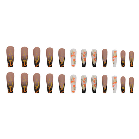 long-ballet-maple-leaf-flame-retro-autumn-temperament-gentle-white-sweet-girl-fake-nails-wear-nail