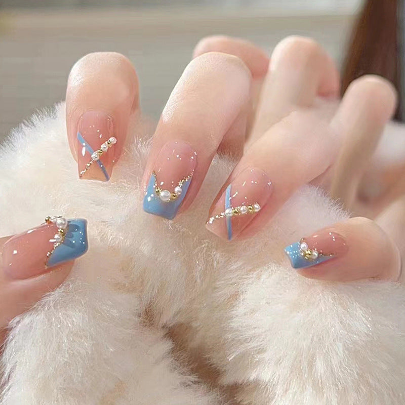 fresh-blue-irregular-french-pearl-manicure-cute-short-ballet-sweet-wearing-nail-girl-manicure-piece