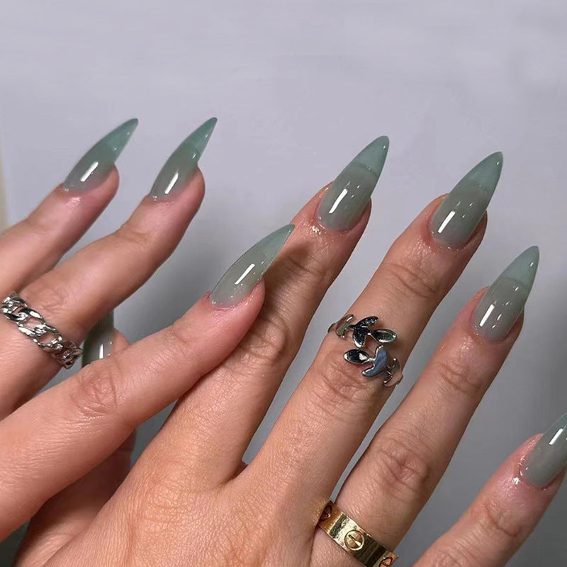 solid-color-fake-nails-wearing-nail-jade-green-removable-nail-piece-simple-nail-piece-almond-nail-patch