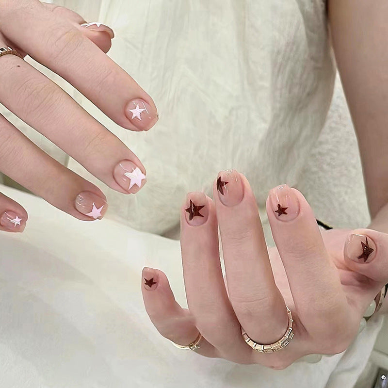 short-pink-reddish-brown-simple-light-luxury-style-jumping-color-star-fake-nail-finished-product-wearing-nail-nails