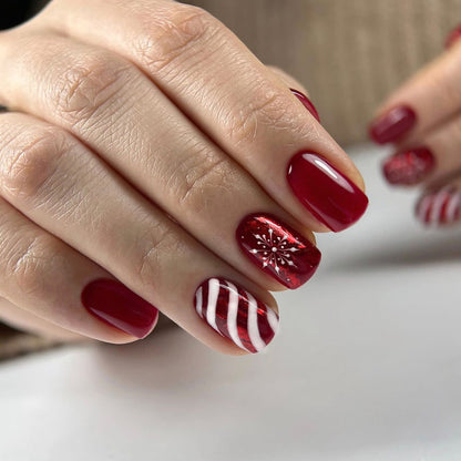 red-solid-color-nail-art-christmas-candy-striped-wear-nail-snowflake-fake-nail-nail-patch-short-square-nail-patch