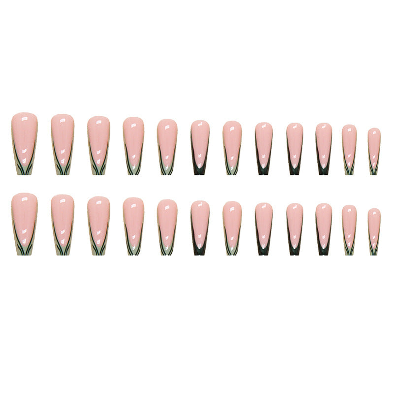 long-ballet-wear-nail-fresh-natural-green-stripe-french-ins-merry-line-nail-art-pads-false-nails