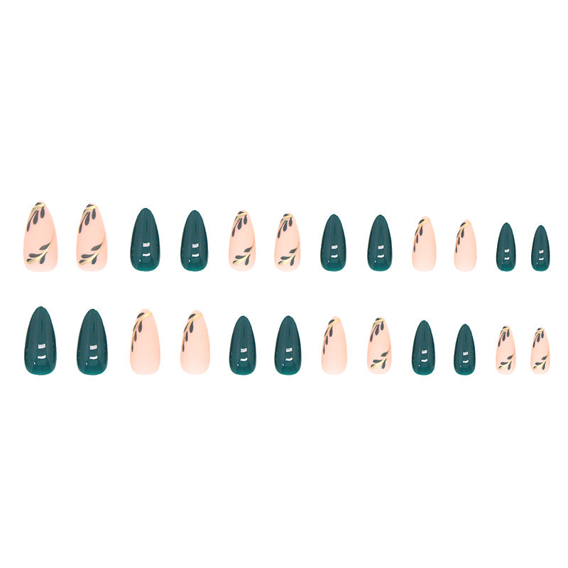 small-fresh-and-bright-matte-double-spell-manicure-cool-and-simple-green-leaf-wearing-nail-dark-green-temperament-sweet-and-cool-ins-style