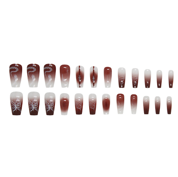 medium-and-long-burgundy-dark-brown-snake-pattern-butterfly-manicure-sweet-and-cool-gradual-change-fake-nail-ins-wind-manicure